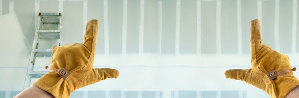 Before You Paint: How to Tell If Your Ponte Vedra Walls Need Drywall Repair First Contractor Hands In Leather Gloves Framing New Blank Drywall drywall repair now